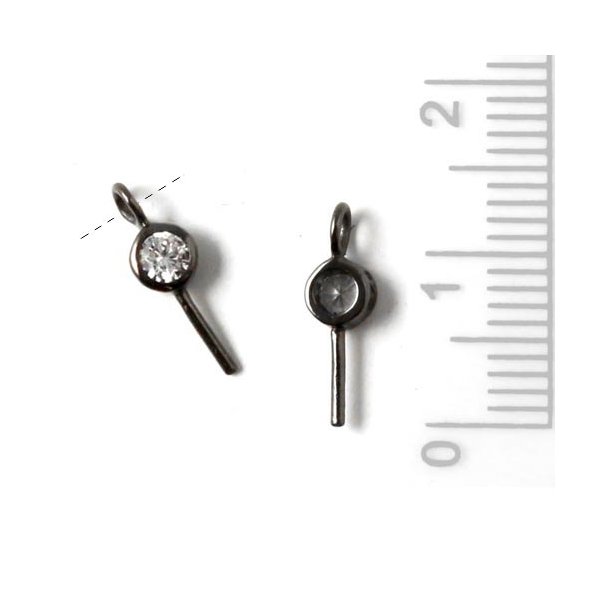 Eyepin, oxidised silver with cubic zirconia and lateral eye, 12x0.8mm, 1pc.