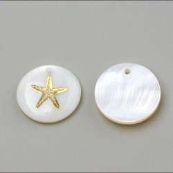 Perlmutt, m&uuml;nzf&ouml;rmiger Anh&auml;nger mit Seestern in Gold, 1 mm Loch, naturwei&szlig;, 16x3,5-4 mm, 2 St&uuml;ck