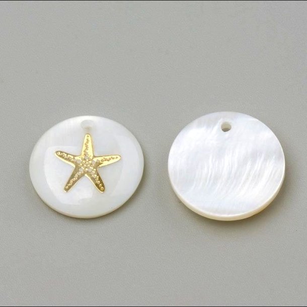 Mother-of-pearl, coin-shaped pendant with starfish in gold, 16x3.5-4 mm, 2 pcs.