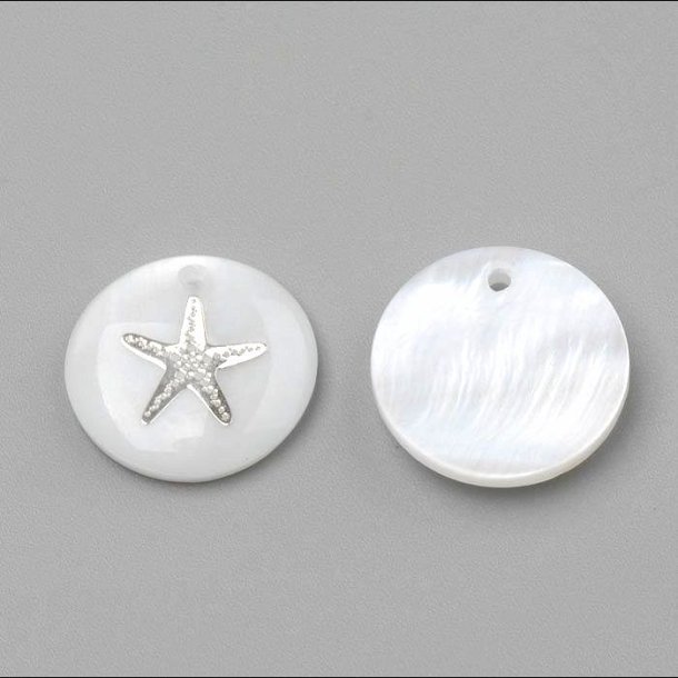 Mother-of-pearl, coin-shaped pendant with starfish in silver, 16x3.5-4 mm, 2 pcs.