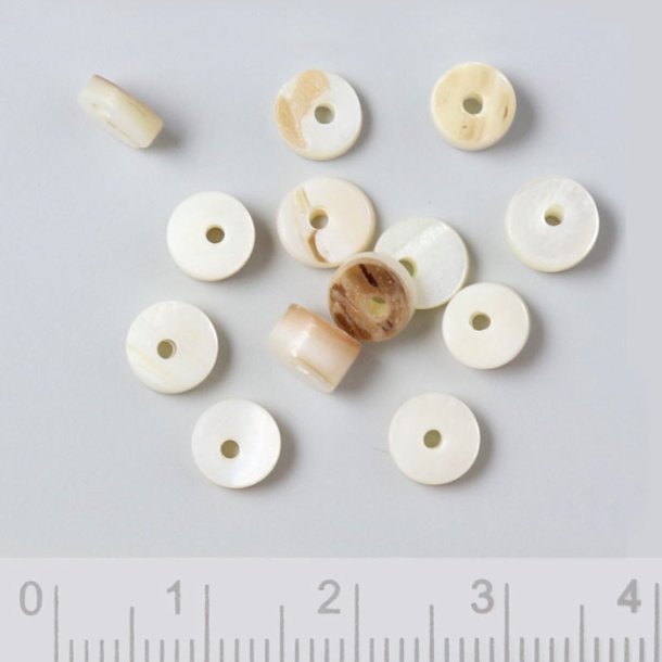 Mother of pearl, coin with hole, Heishi, white-brown, approx. 6x1,5mm, 20pcs