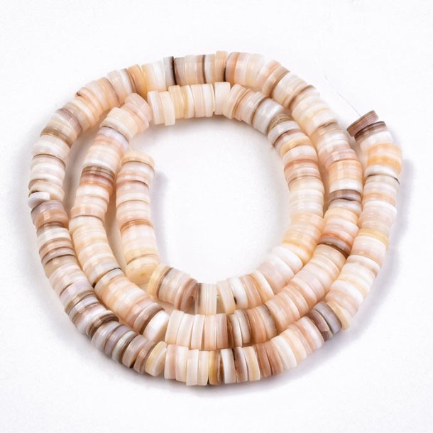 Mother of pearl, strand, coin with hole, Heishi, white-brown, approx. 6x1,5mm, 200pcs