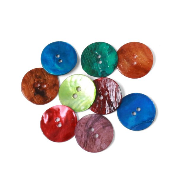 Mother-of-pearl button with 2 holes, assorted colours, 15x1 mm, 20pcs.