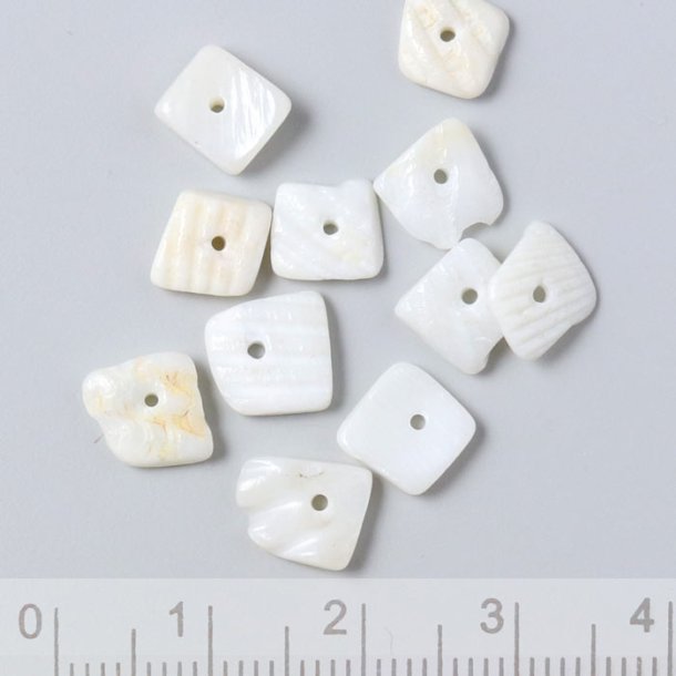 Mother of pearl, flat uneven square w. hole, white, approx. 10x8x2mm, 20pcs