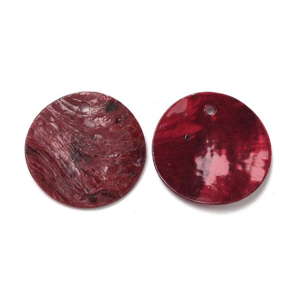 Muslingeskal vedh�ng, flad rund, m�rker�d, 20,5 mm, hul 1,5 mm, 10 stk.