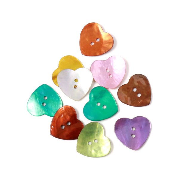 Mother-of-pearl, heart-shape with 2 holes, mixed colours, 14mm, 20pcs.