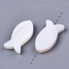Mother-of-pearl fish, white, drilled lengthwise from mouth to tail, 17x8mm, 2 pcs