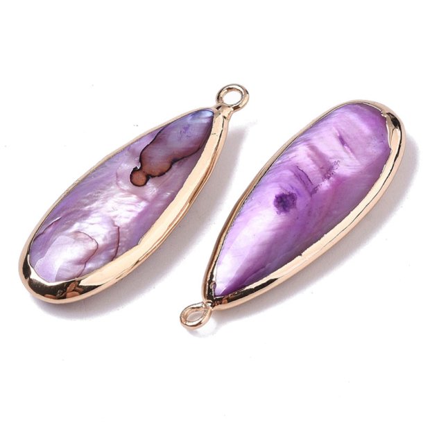 Mother-of-pearl pendant, set drop, gold plated brass, purple, 33x11x5 mm, 1 pcs