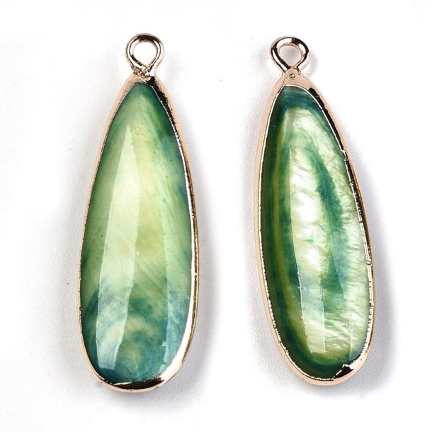 Mother-of-pearl pendant, set drop, gold plated brass, green, 33x11x5 mm, 1 pcs