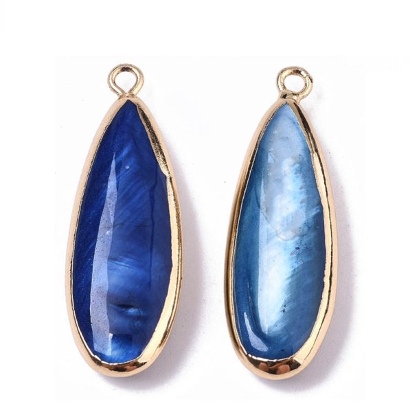 Mother-of-pearl pendant, set drop, gold plated brass, blue, 33x11x5 mm, 1 pcs
