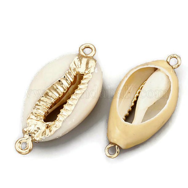 Cowrie shell spacers, oval, natural white and gold, with two eyelets, approx. 25-29x14-17 mm, 2 pcs