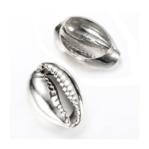 Oval Cowrie shell, silver plated, sliced, approx. 18-19x12mm, 4pcs