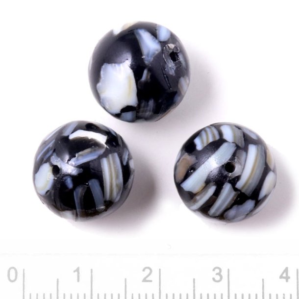 Resinperle mit Perlmuttst&uuml;cken, rund, schwarz, Durchmesser, 14,5 mm, 4 St&uuml;ck.