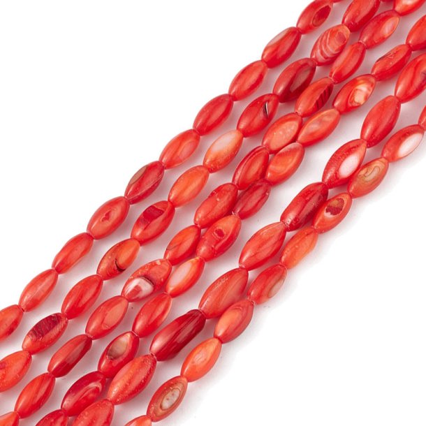 Mother of pearl, shell bead, full strand, rice shape, red, 9.5x5 mm. approx. 40 pcs
