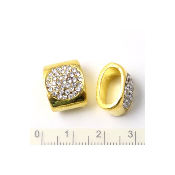 Connector bead with crystals, oval-shaped hole, gilded brass, inner hole size 11.5x7mm, 1pc.