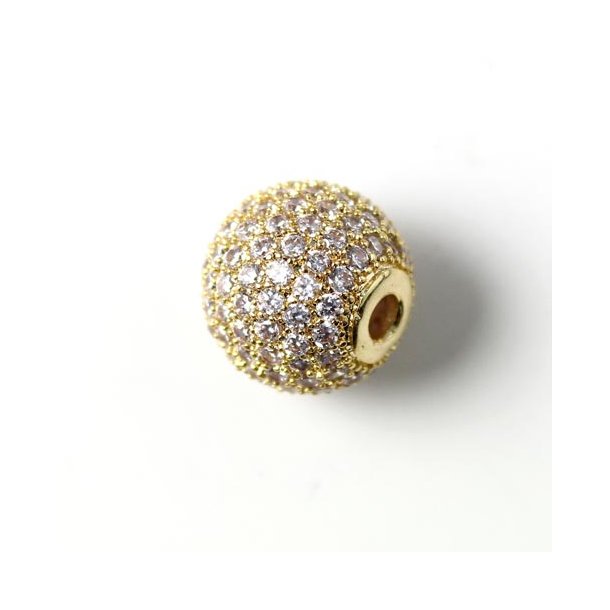 Round exclusive gilded bead, set with transparent zirconia, 12mm, 1pc.