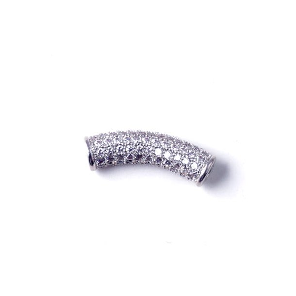 Curved tube, silvered, set with transparent zirconia, 24x6mm, 2mm hole, 1pc.