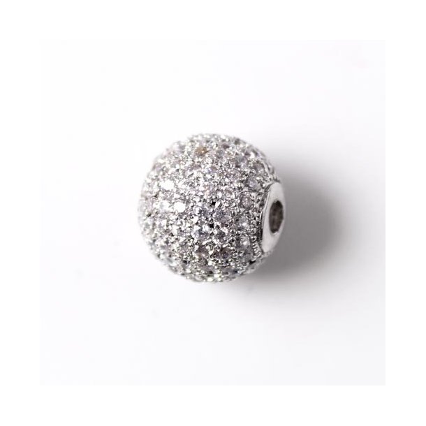 Round exclusive silvered bead, set with transparent zirconia, 12mm, 1pc.