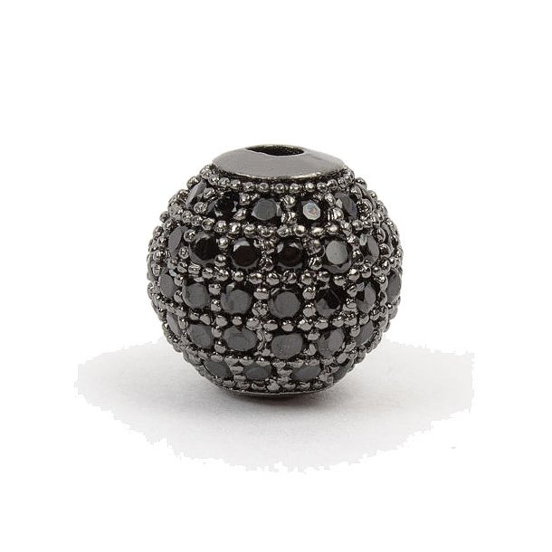 Rund eksklusiv sortoxyderet perle, besat med sort zircon, 10 mm, 1 stk