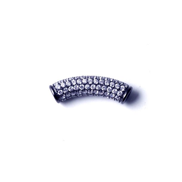 Curved tube, black, set with transparent zirconia, 24x6mm, 2mm hole, 1pc.