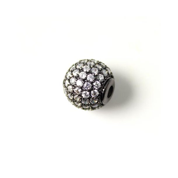 Round exclusive black oxidised bead, set with transparent zirconia, 8mm, 1pc.