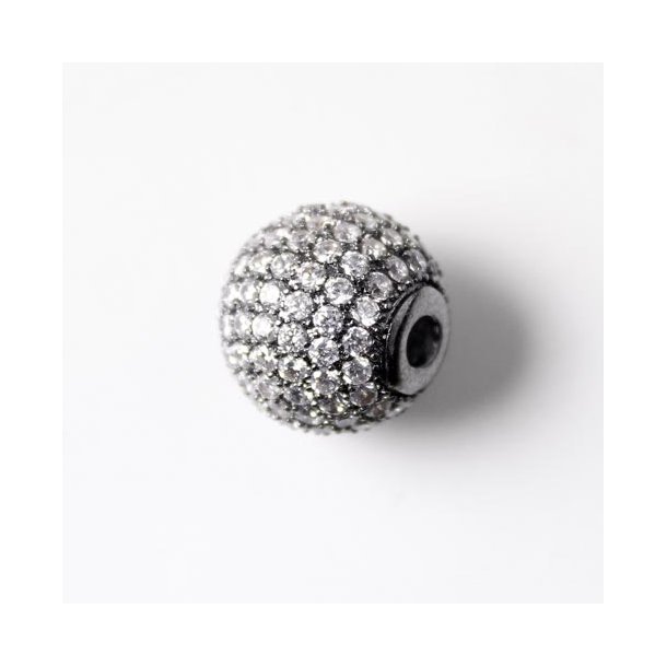 Rund eksklusiv sortoxyderet perle, besat med klar zircon, 12 mm, 1 stk.