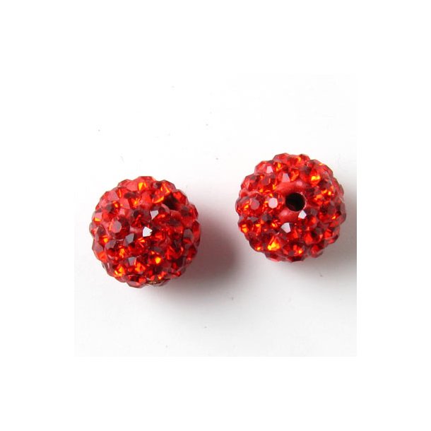 Gennemboret kugle, 10 mm, med røde krystaller, 2 stk.