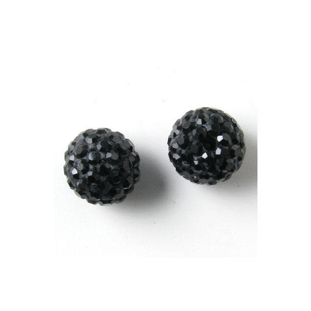 Gennemboret kugle, 10 mm, med sorte krystaller, 2 stk.