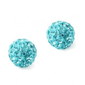 Anboret bling-perle, 6 mm, med lys-turkise krystaller, 2 stk.