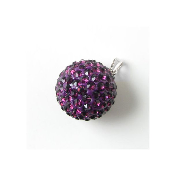 Bead pendant, silver w. purple Swarovski crystals,  16mm.