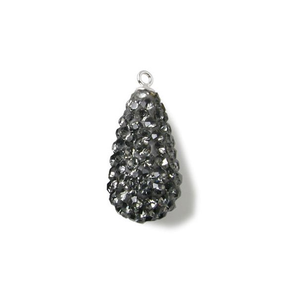 Teardrop-shaped pendant w. grey crystals and silver eye, 21x11mm, 1pc.