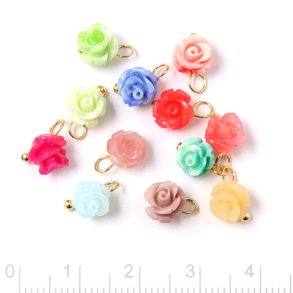 Pendant, Rose, plastic, mixed colours, gold-plated eye, 7x5.5 mm, 6 pcs