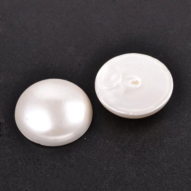Shell pearl, half round, white iridescent, half-drilled, 10x6mm with 1mm hole, 2pcs.
