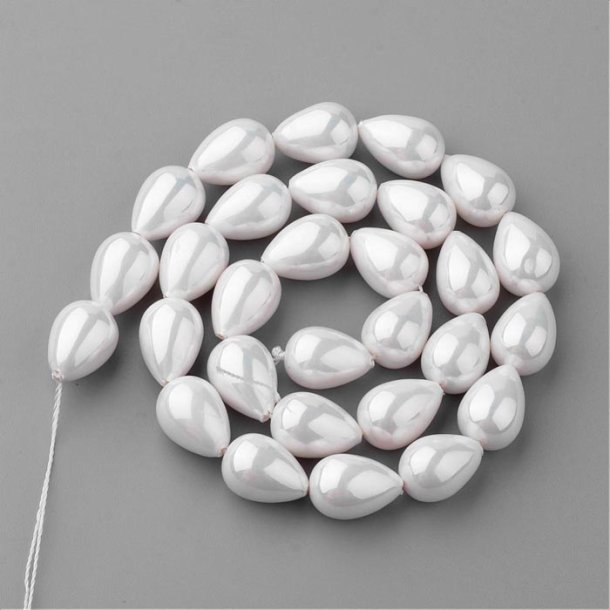 Shell pearl teardrops, nature white, 13x10 mm, through-drilled, entire strand, 29 pcs