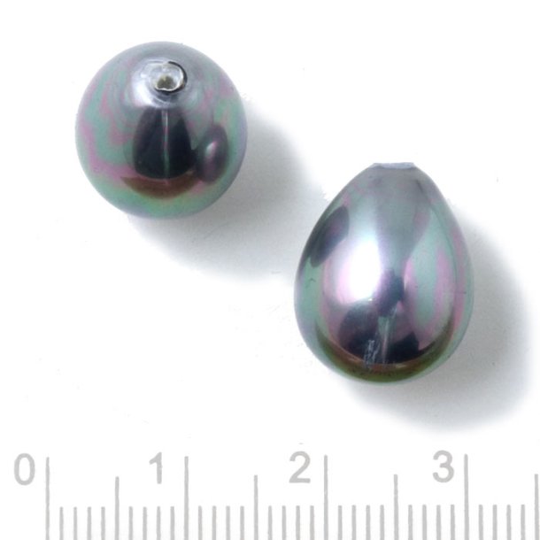 Shell pearl teardrop, metallic-grey, AB rainbow, 15x12mm, half-drilled, 1pc