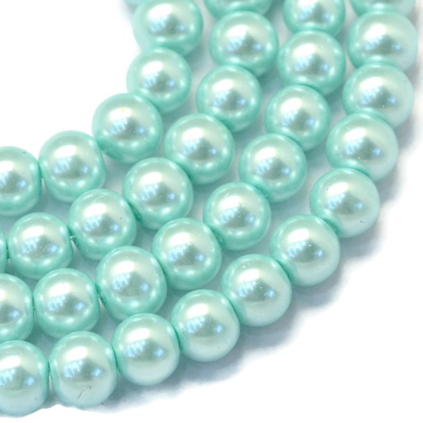 Baking painted glass beads, complete strand, round, Aquamarine blue, 6 mm, appx. 145 pcs.