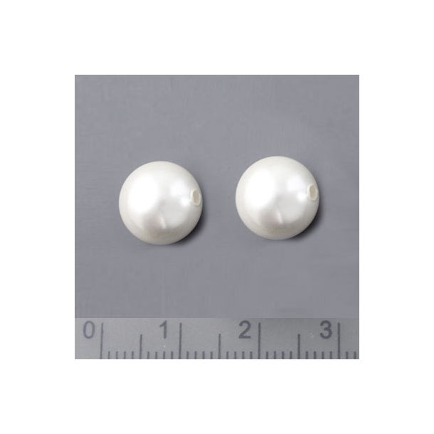 Shell pearl, rund, ren hvid anboret perle, 10 mm med 1 mm hul, 2 stk.