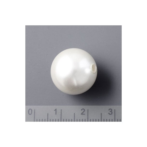 Shell pearl, rund hvid anboret perle, 14 mm med 3 mm hul, 2 stk.