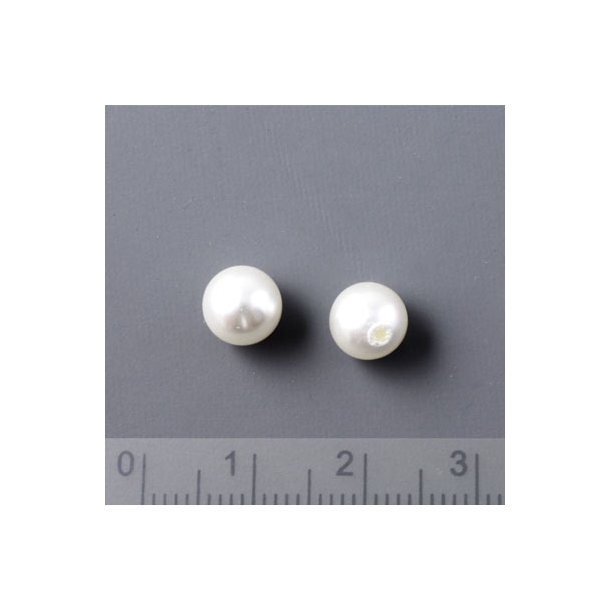 Shell pearl, rund hvid anboret perle, 8 mm med 1,1 mm hul, 2 stk.