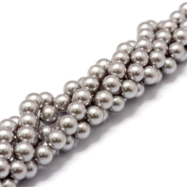 Shell pearl, whole strand, round, light grey, 6 mm, A-grade, appx. 62 pieces