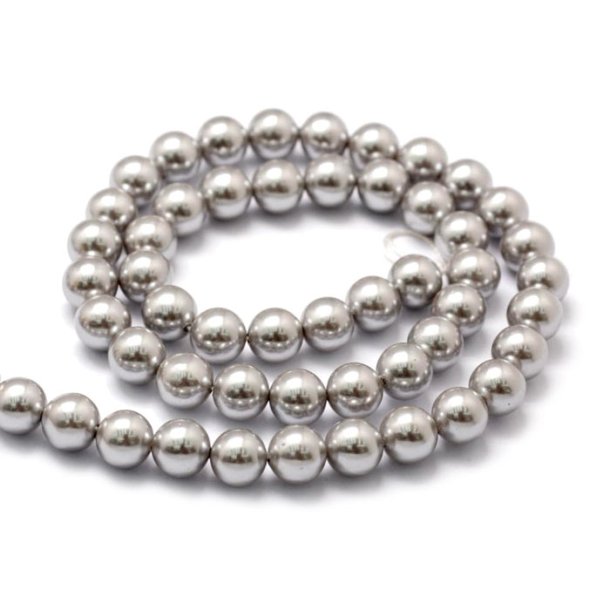 Shell pearl, full strand, round, light grey, 8mm. A-grade, appx. 47 pcs.