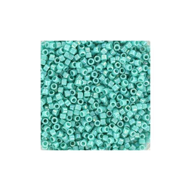 Delica, size #11, glass beads, turquoise, AB, opaque, 1.1x1.7mm, 5.2 grams.