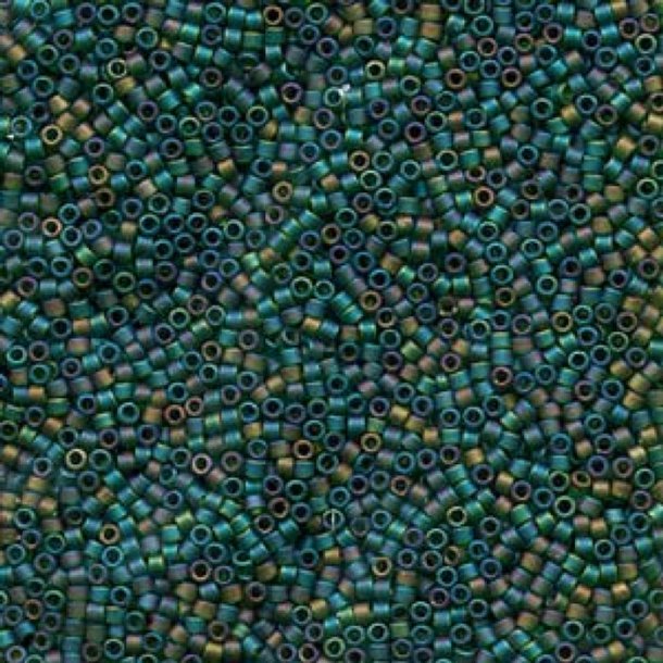 Delica, Glass beads, matte emerald green, AB, size #11, 1.1x1.7mm, 5.2 grams.