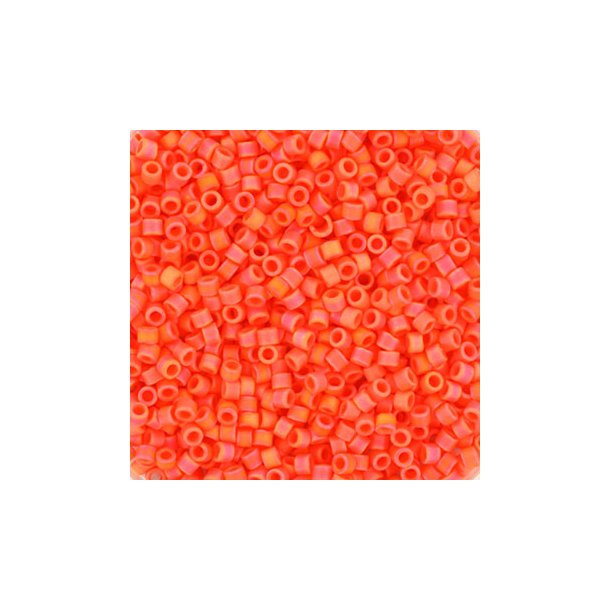 Delica, size #11, glass bead, matte orange AB, opaque, 1.1x1.7mm.
