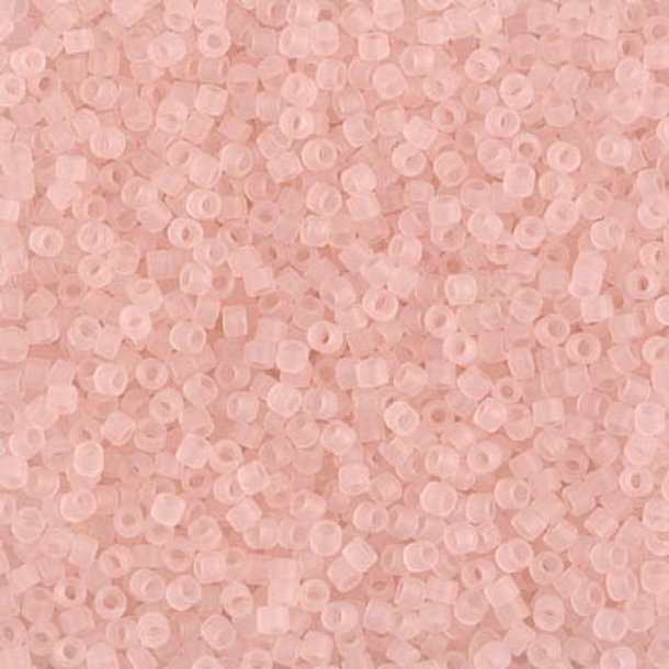 Delica, size #11, matted transparent pink mist, 1.1x1.7mm, 5.2 grams.