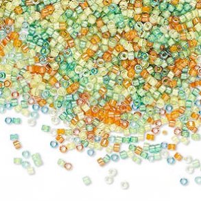 Delica, Größe#11, gemischte Farben, grün und orange, 1,1x1,7 mm, 5,2 g.