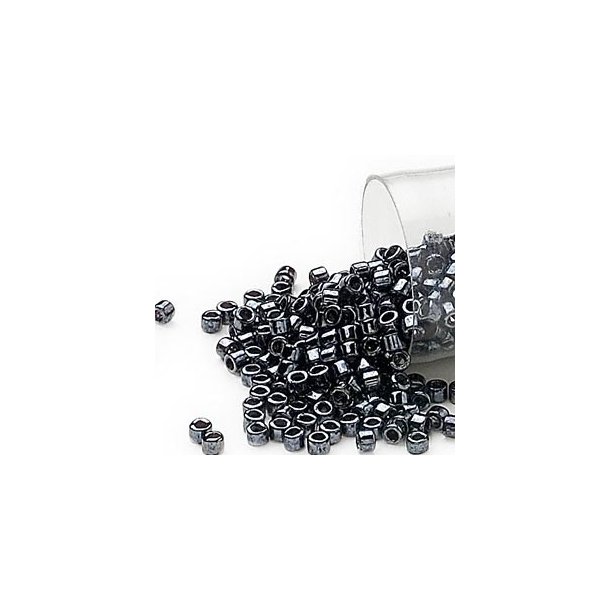 Delica, size #11, gunmetal glass bead, opaque, 1.1x1.7mm, 5.2 grams.
