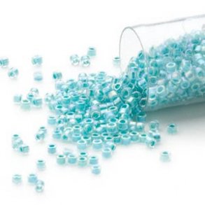 Delica, size #11, glass, color-lined aqua, 1.1x1.7mm, 5.2 grams.