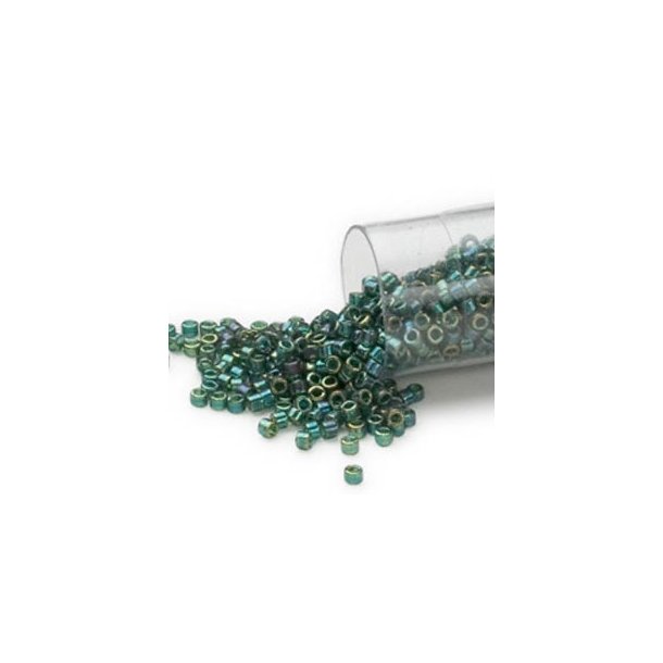 Delica, size #11, glass, transparent luster rainbow emerald green, 1.1x1.7mm, 5.2 grams.