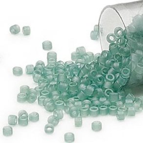 Delica, size #11, matte light teal green glass bead, transparent, 1.1x1.7mm, 5.2 grams